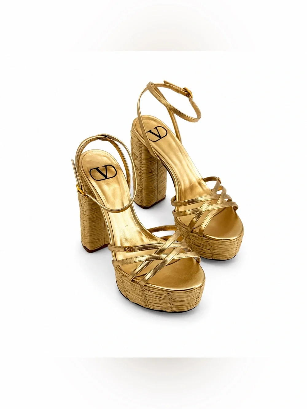 Valentino Garavani Gold Platform Block Sandals Metallic Ankle Strap Luxury Heels